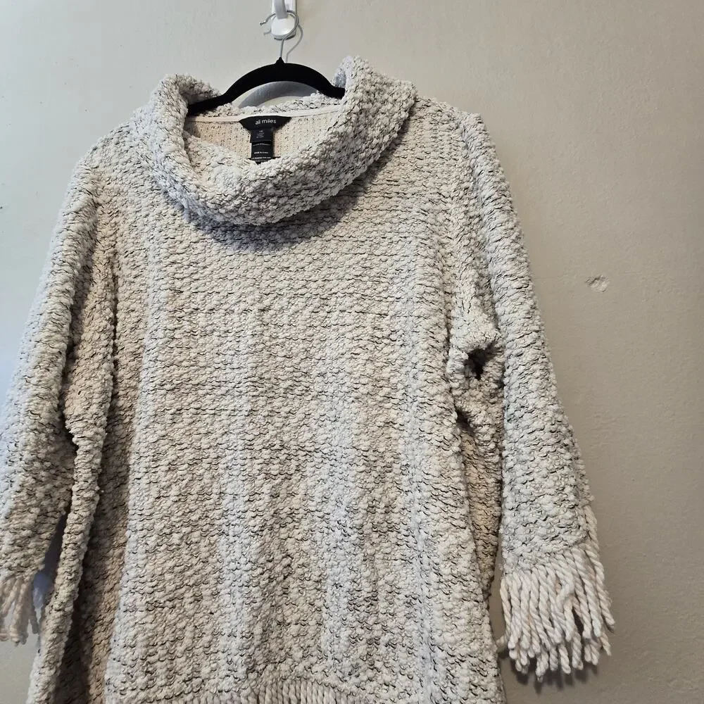Ali Miles Cowl Neck Boucle Tunic Top Womens 1X Off White Chunky Fringe Lagenlook
